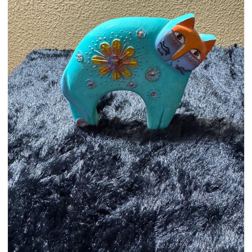 Vintage Laurel Burch Signed Teal Arched Cat Flower Feline